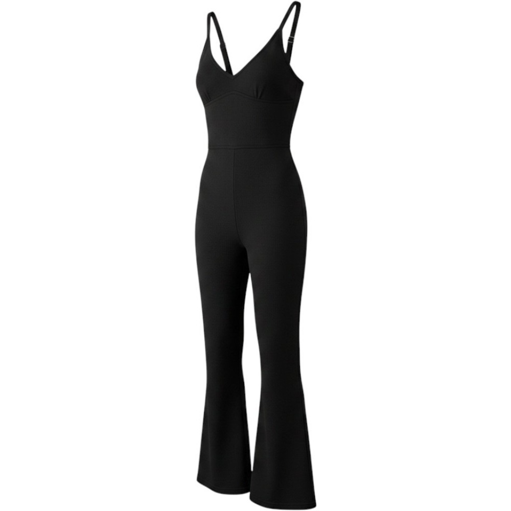 Jumpsuit Womens Black Flare Leg V-Neck Sleeveless Scoop Back Stretch Minimalist